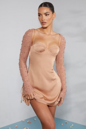 Oh Polly Geneva Long Sleeve Embellished A-line Mini Dress Beige | GMWA-73910