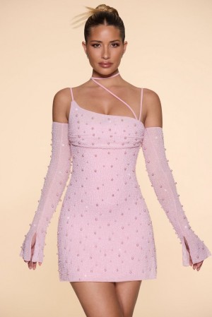 Oh Polly Soho Embellished Asymmetric Corset Mini Dress Blush | QPTA-40295